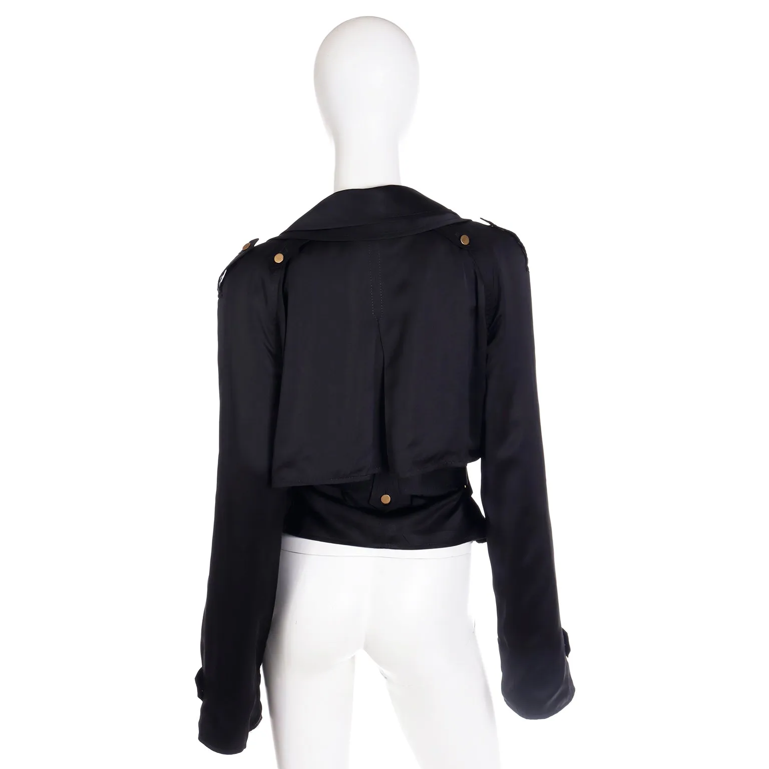 2000s Dolce & Gabbana Black Satin Cropped Trench Jacket w Belt