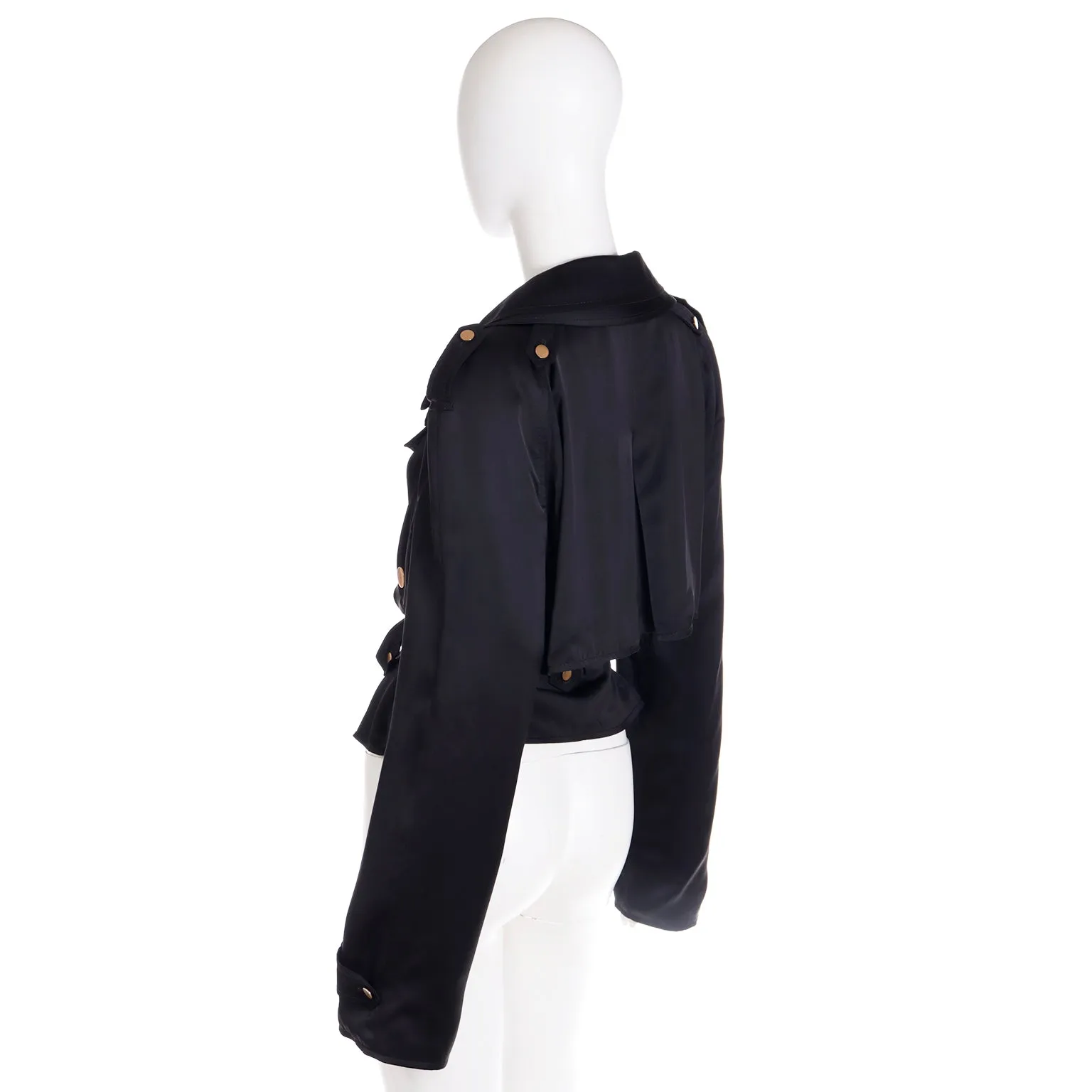 2000s Dolce & Gabbana Black Satin Cropped Trench Jacket w Belt