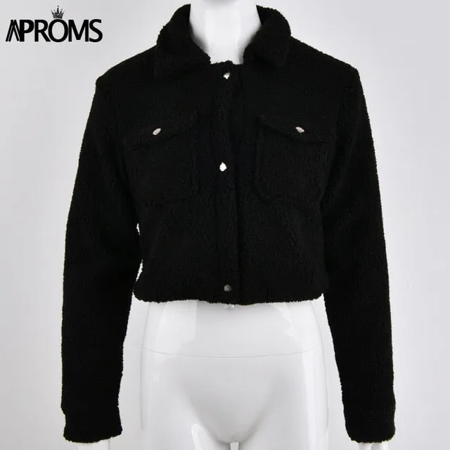 Aproms Elegant Solid Color Cropped Teddy Jacket Women Front Pockets Thick Warm Coat Jackets Female