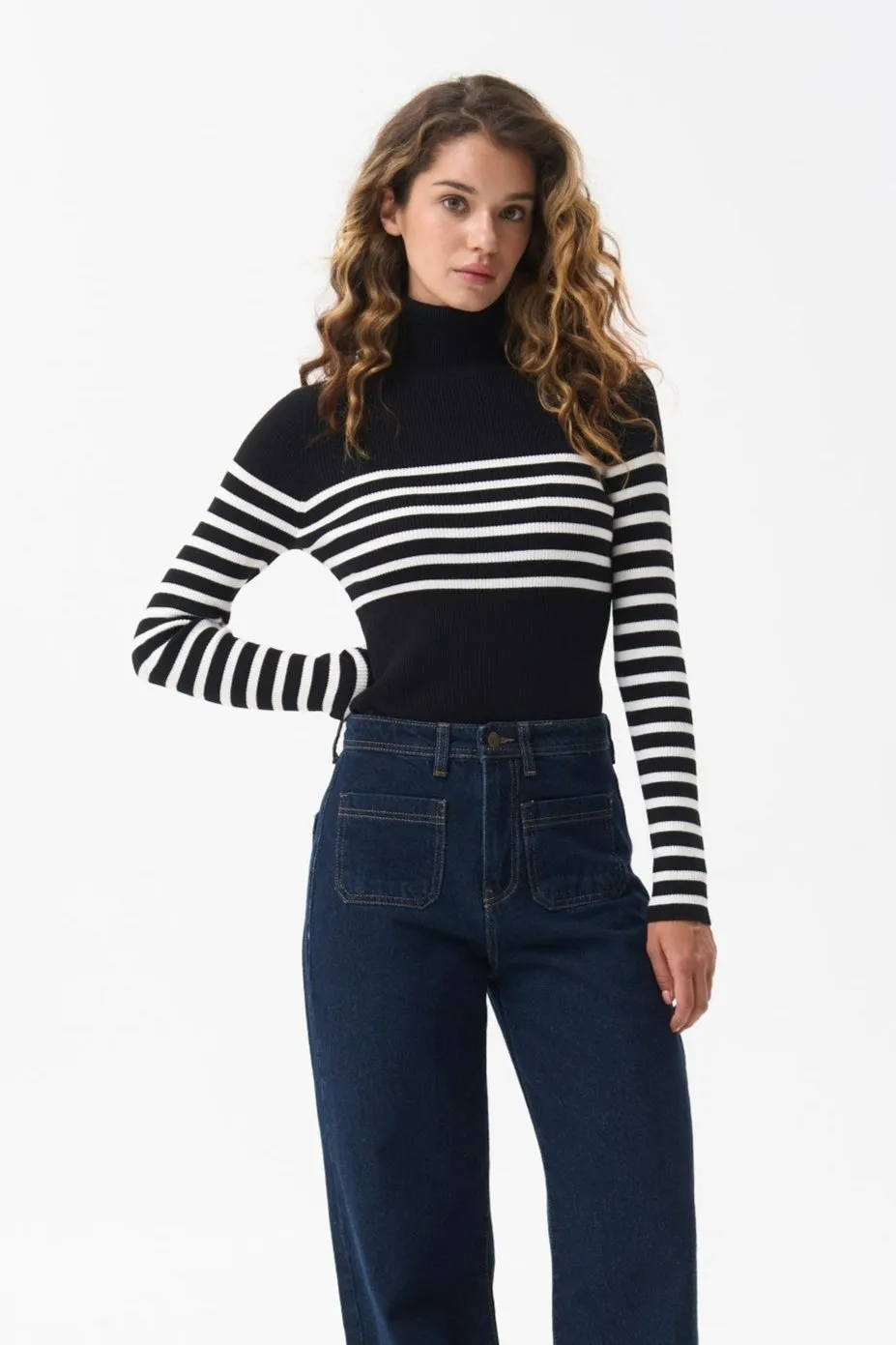 Black turtleneck sweater with a milky stripe