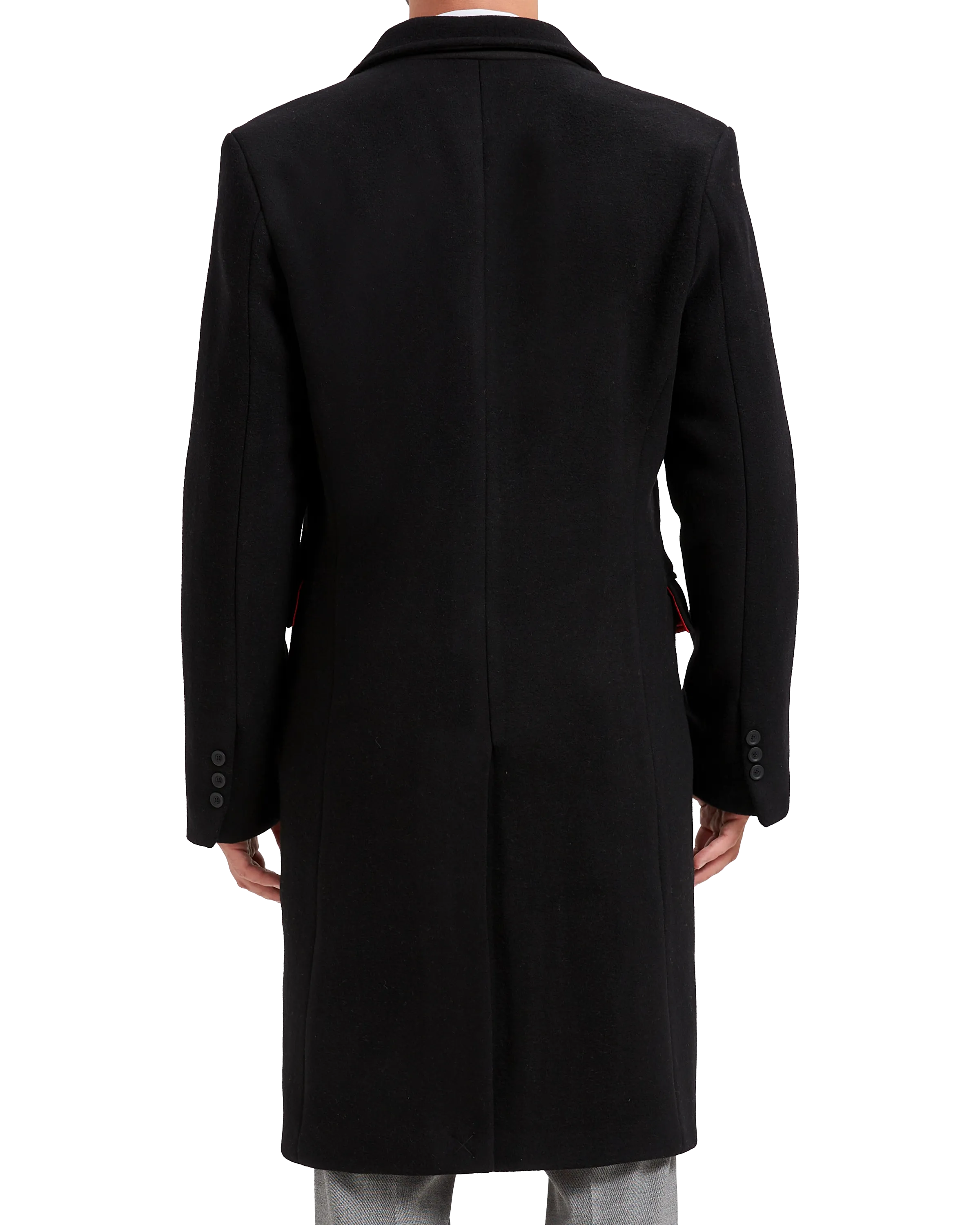 Black Wool Cashmere Bond Overcoat Red Lining