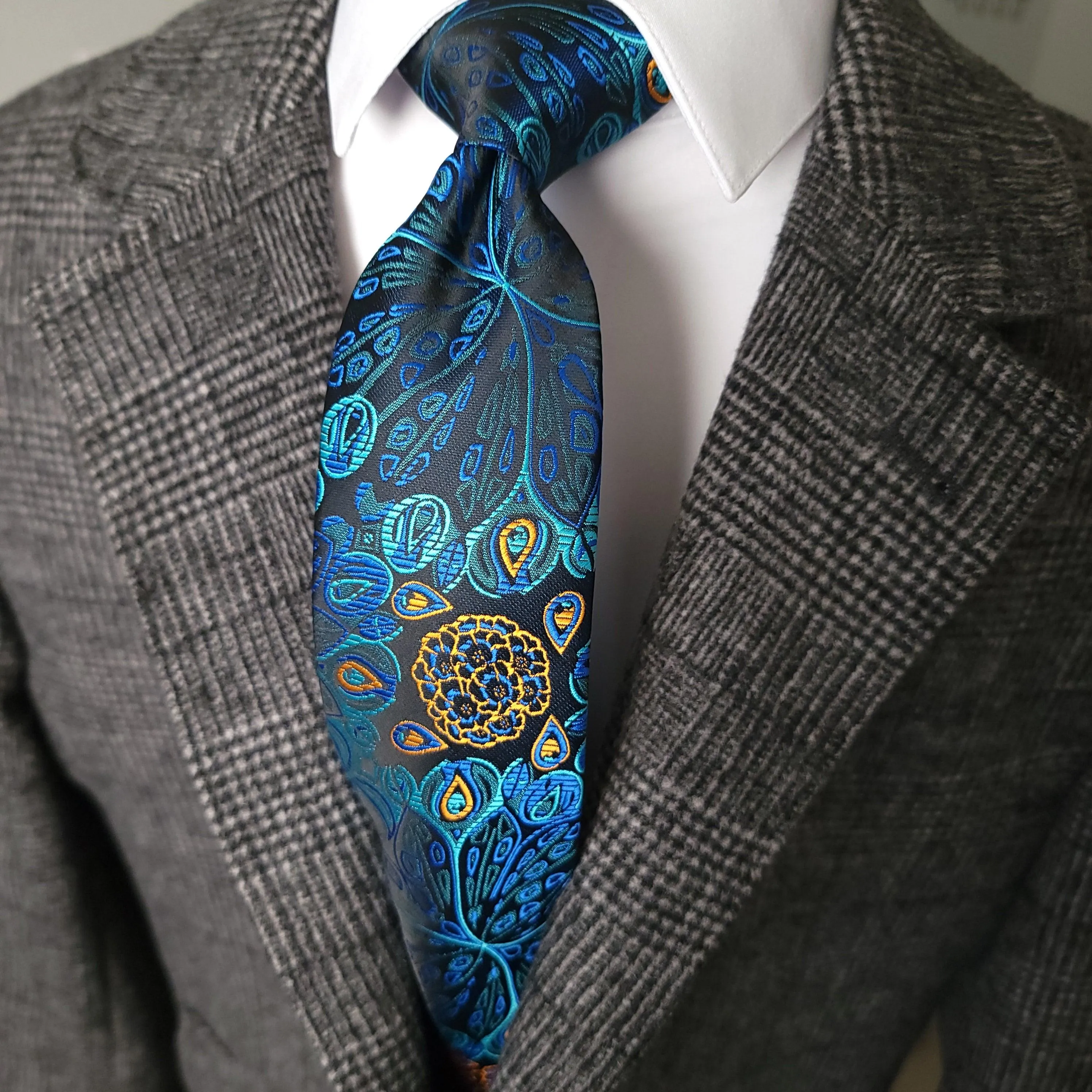 Blue Paisley Floral Silk Tie Pocket Square Cufflinks Set