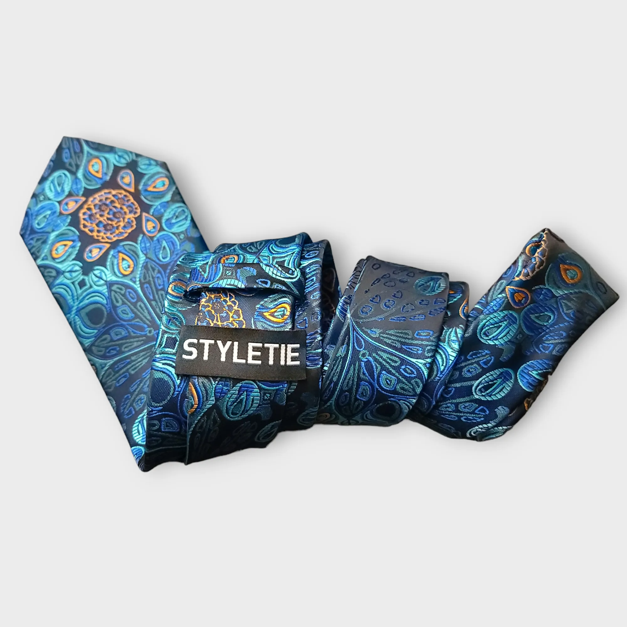 Blue Paisley Floral Silk Tie Pocket Square Cufflinks Set