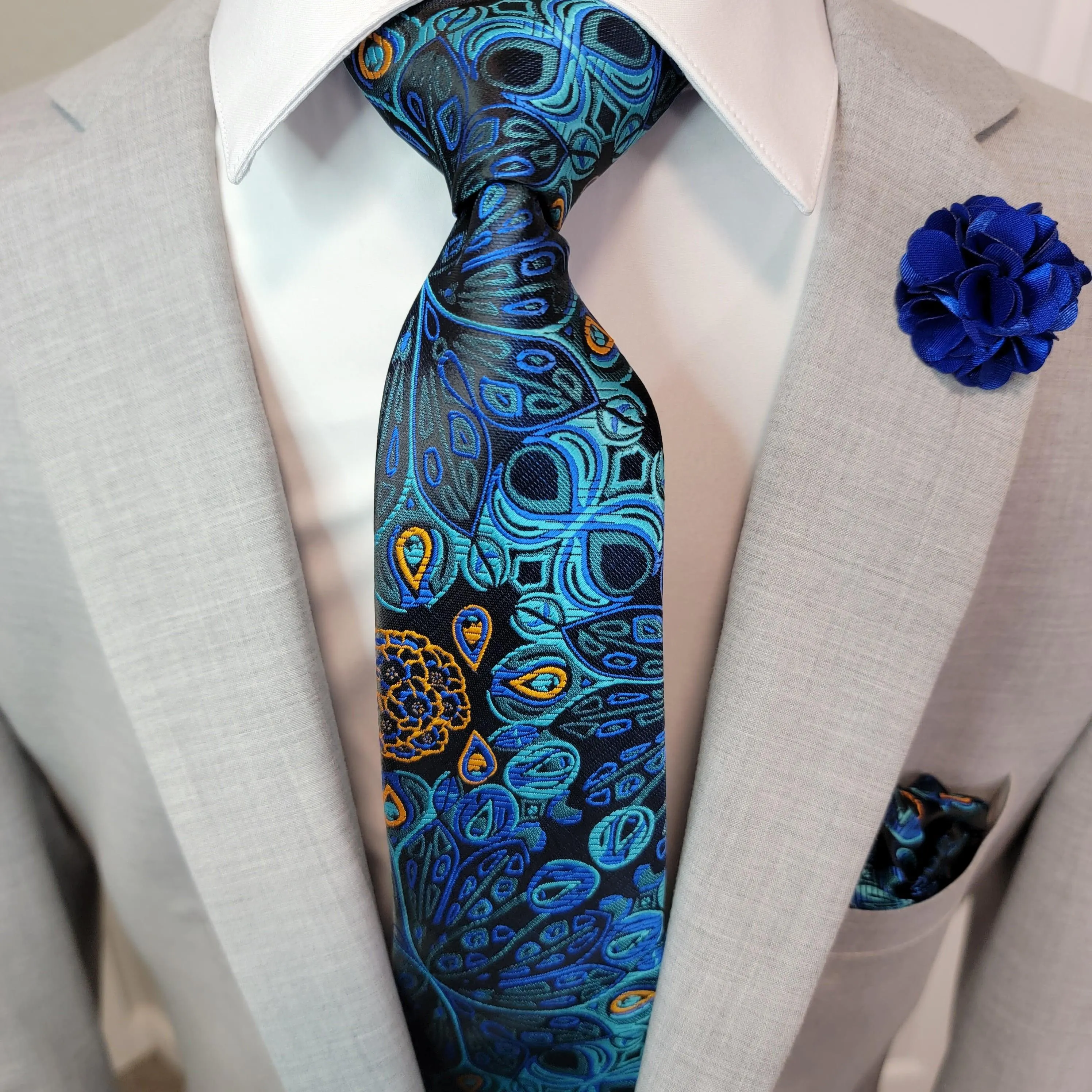 Blue Paisley Floral Silk Tie Pocket Square Cufflinks Set