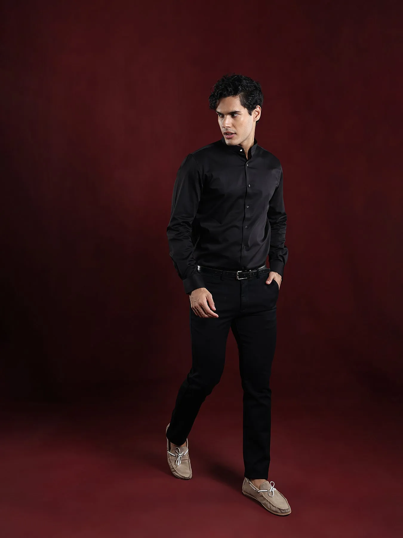 Cotton Stretch Black Plain Slim Fit Full Sleeve Ceremonial Shirt