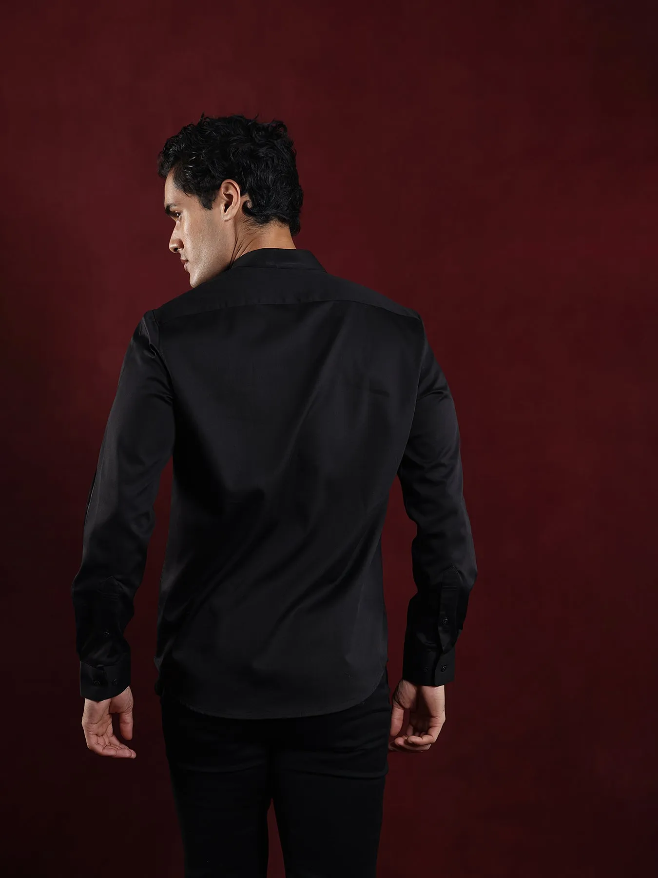 Cotton Stretch Black Plain Slim Fit Full Sleeve Ceremonial Shirt