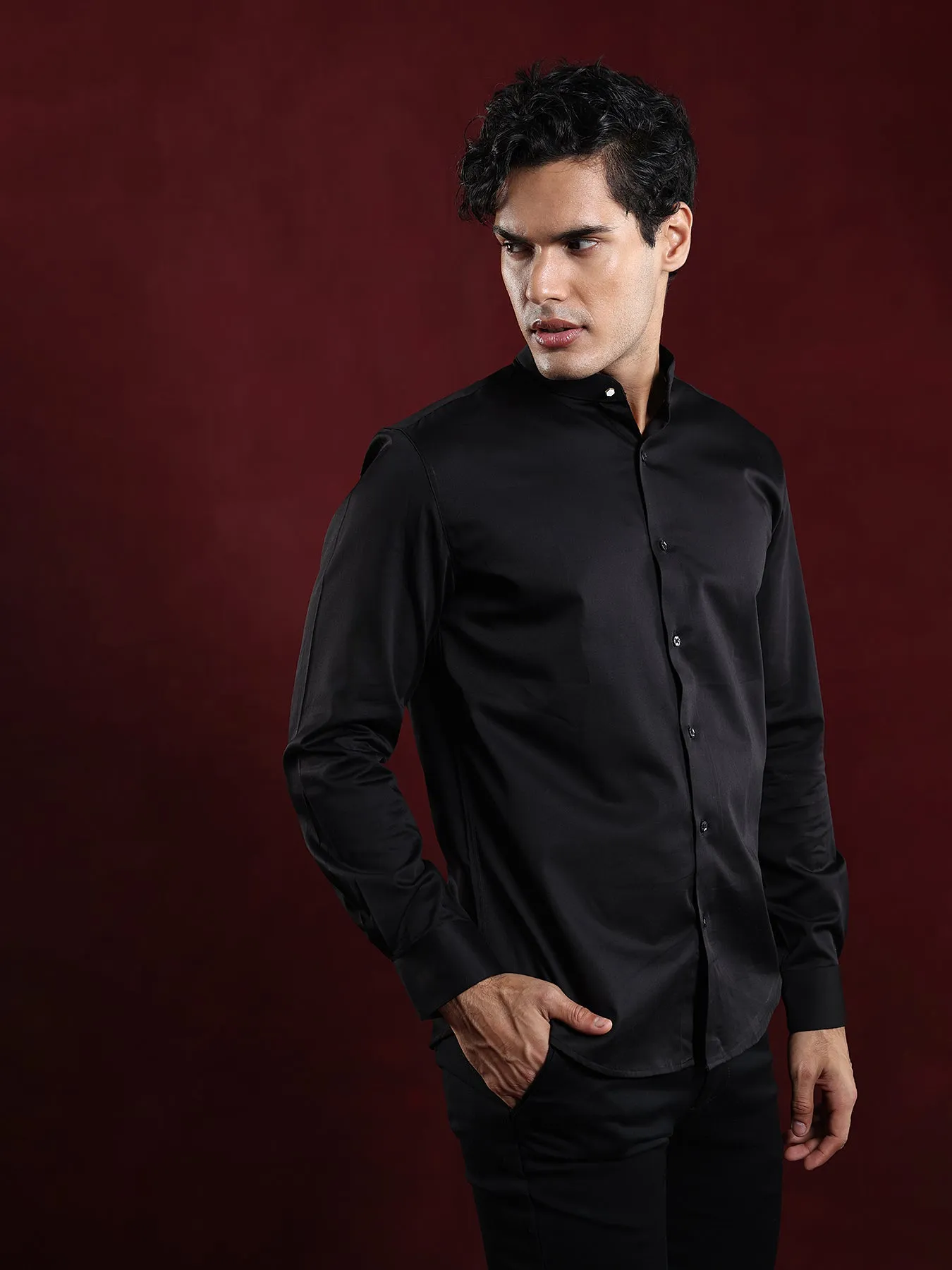 Cotton Stretch Black Plain Slim Fit Full Sleeve Ceremonial Shirt