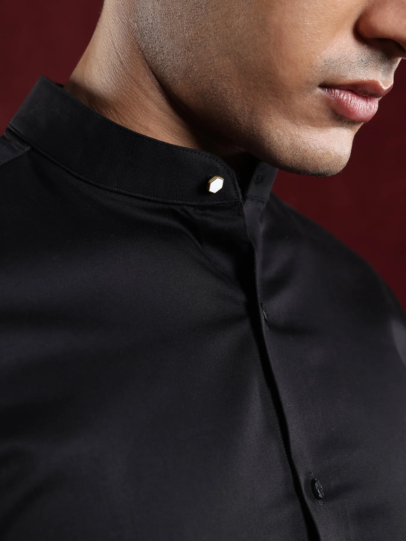 Cotton Stretch Black Plain Slim Fit Full Sleeve Ceremonial Shirt