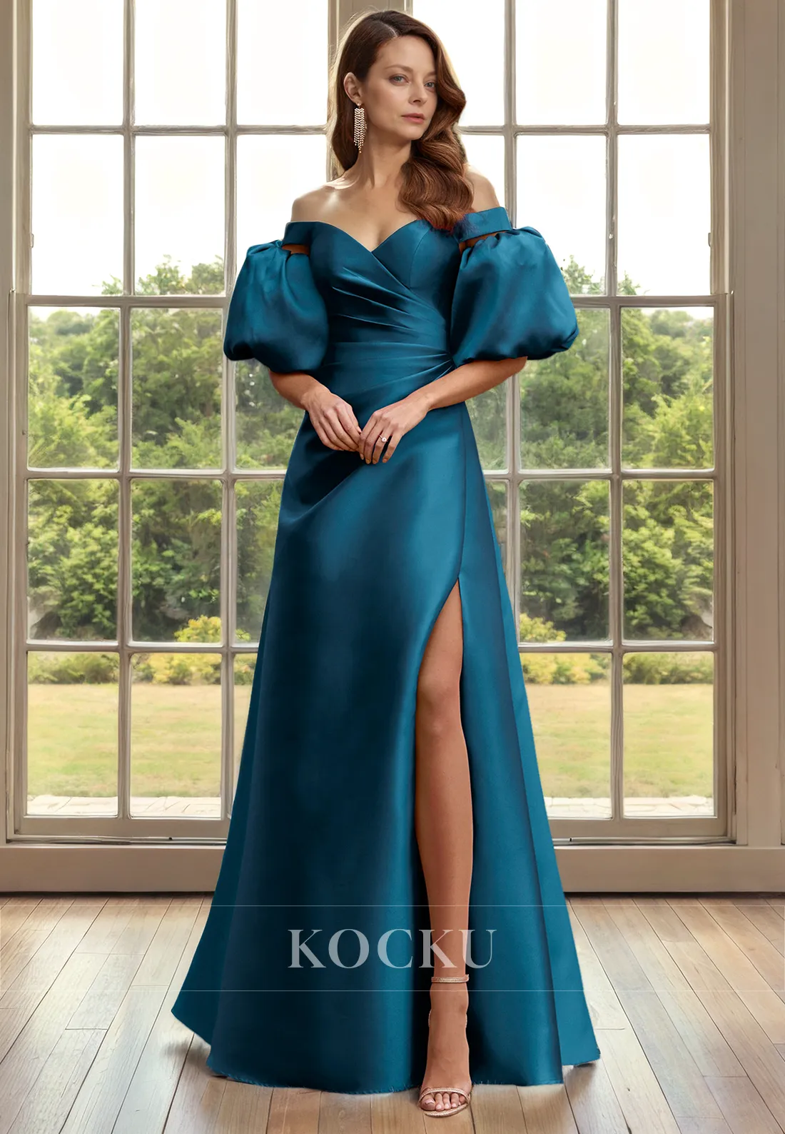 Couture & Ornate Off-Shoulder Puff sleeves A-Line Split Cocktail Mother of the Bride Dress