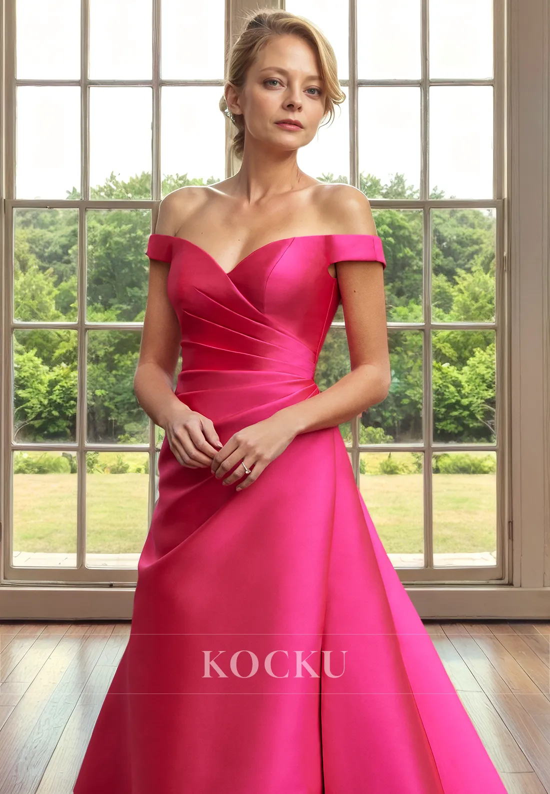 Couture & Ornate Off-Shoulder Puff sleeves A-Line Split Cocktail Mother of the Bride Dress