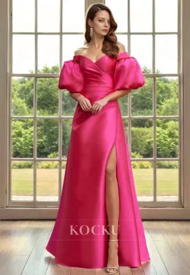 Couture & Ornate Off-Shoulder Puff sleeves A-Line Split Cocktail Mother of the Bride Dress