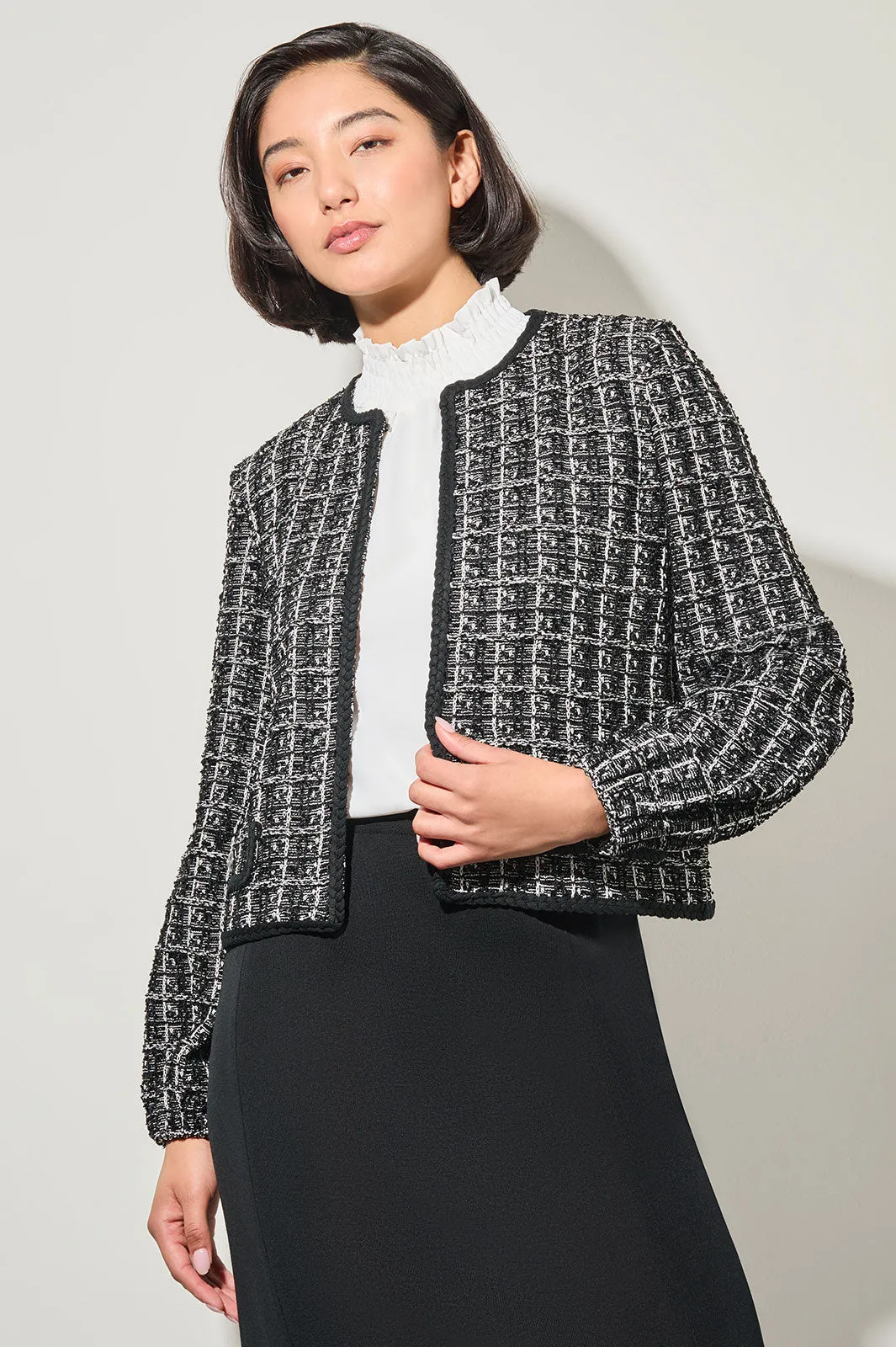 Cropped Open Front Jacket - Tweed Knit, Black