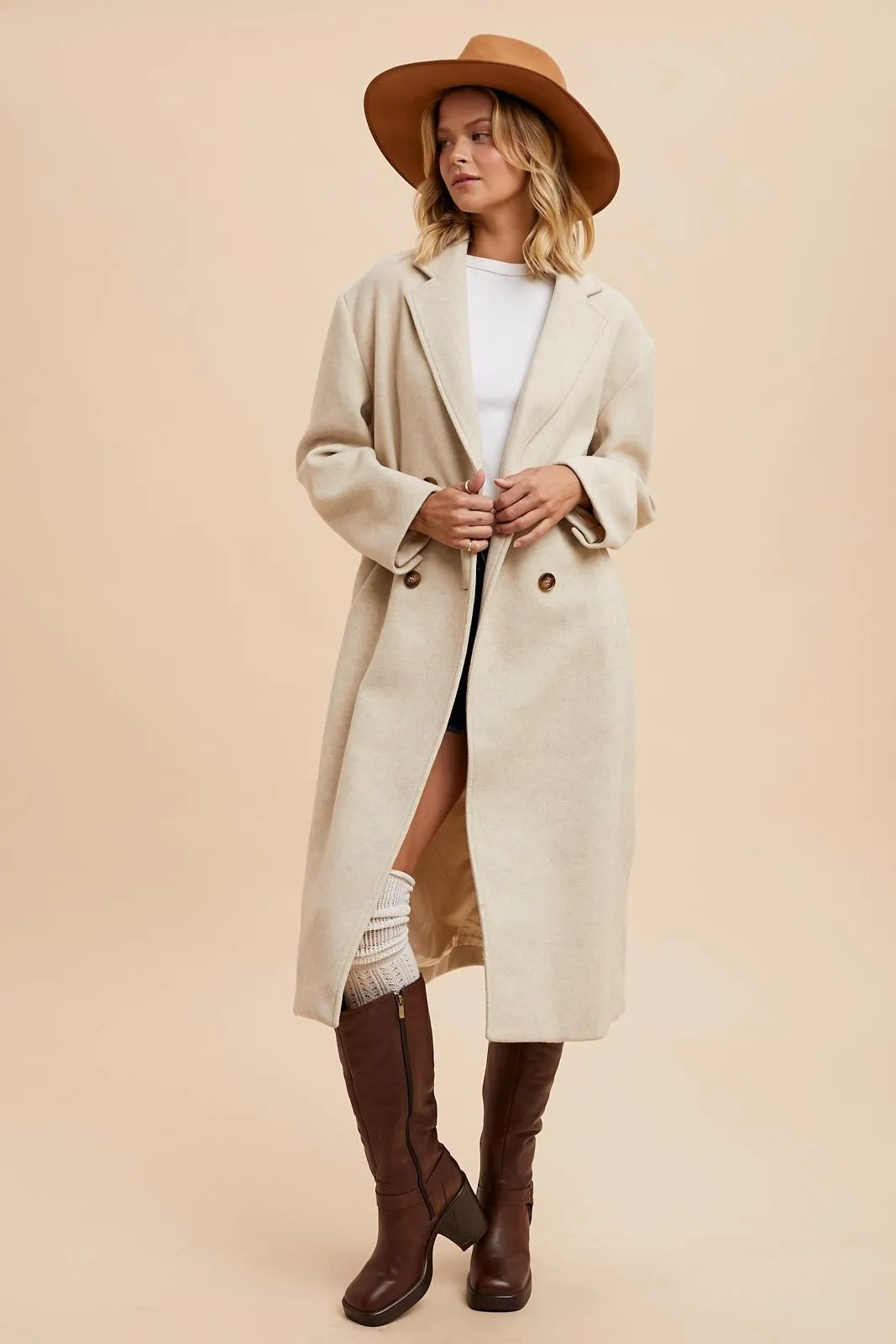 Double Breasted Lapel Duster Coat - Almond