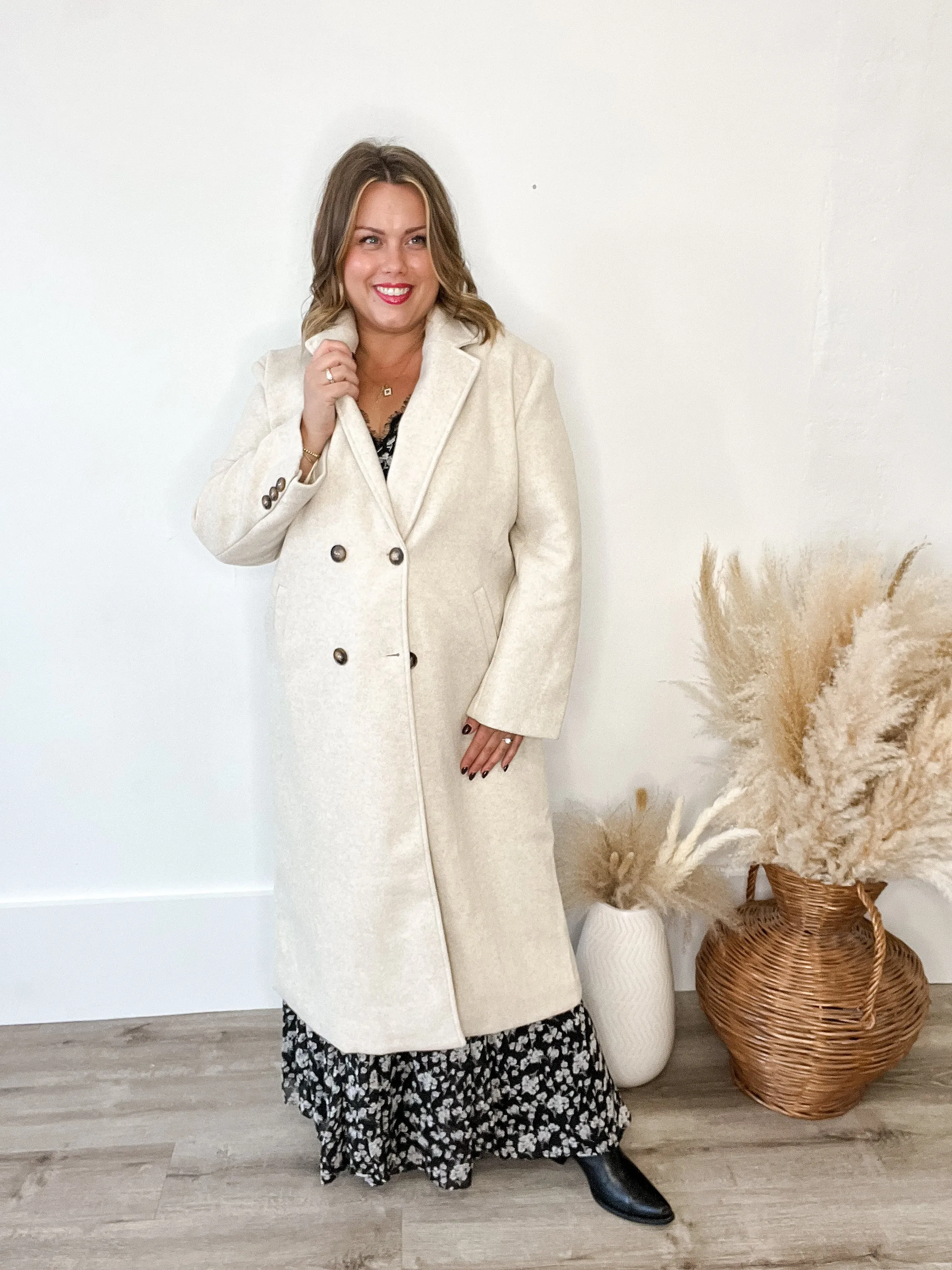 Double Breasted Lapel Duster Coat - Almond