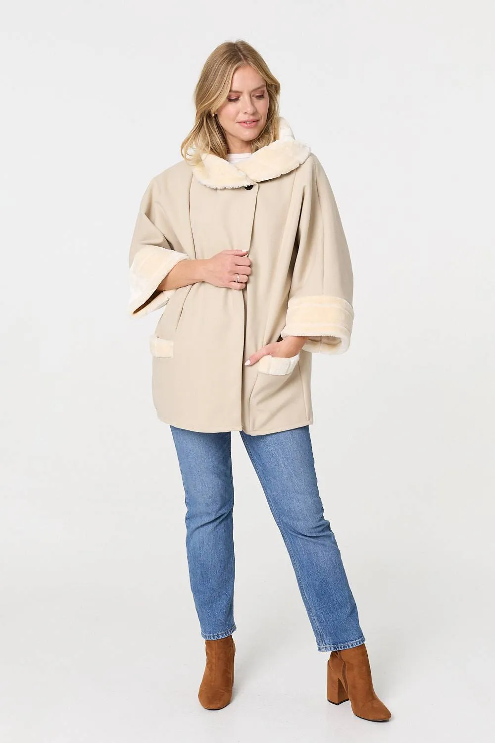 Faux Fur Trim 3/4 Sleeve Cape Coat