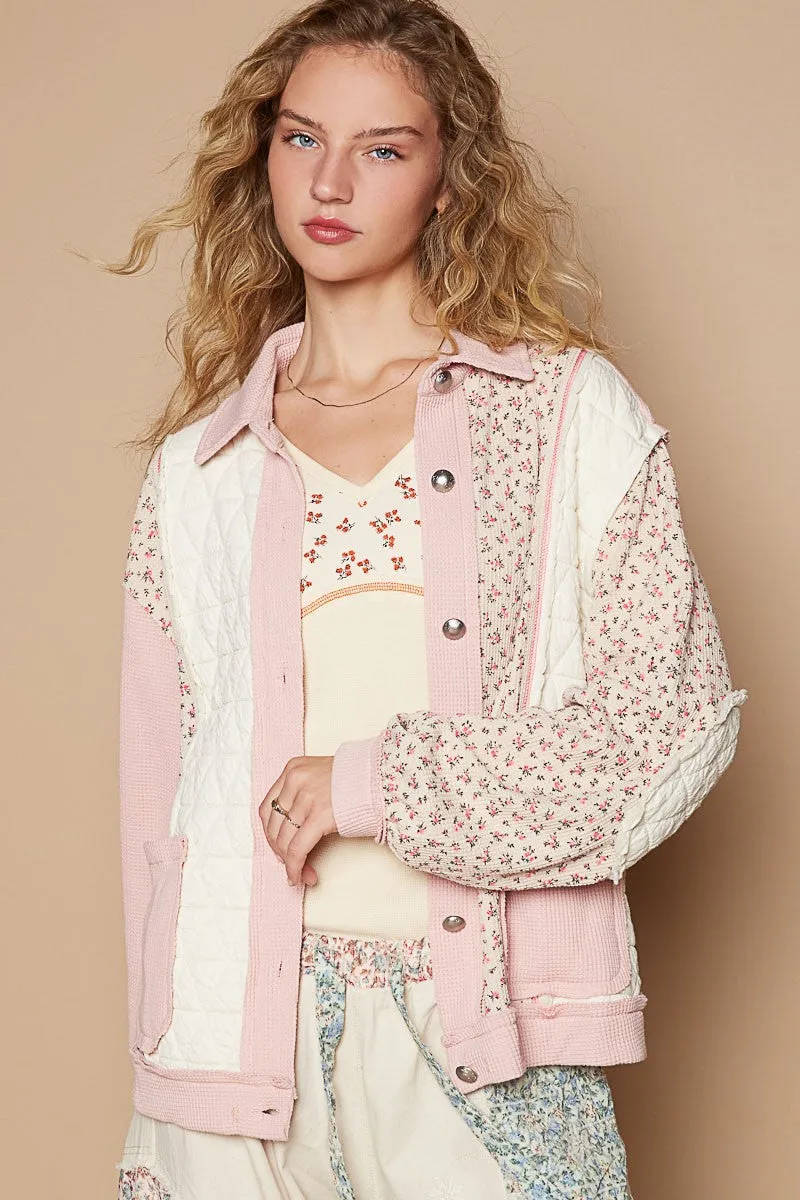 Floral Exposed Seam Button Up Quilted Jacket