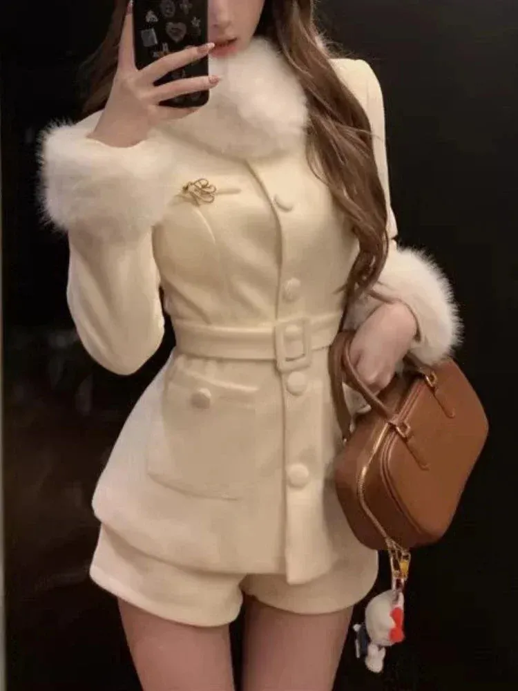 Girlary Creamy Collar Woolen Coat Collegiate Suit Women Elegant Warm Coat   High Waisted Shorts Autumn Winter Sweet Two Piece Set 2024