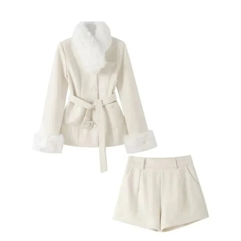 Girlary Creamy Collar Woolen Coat Collegiate Suit Women Elegant Warm Coat   High Waisted Shorts Autumn Winter Sweet Two Piece Set 2024