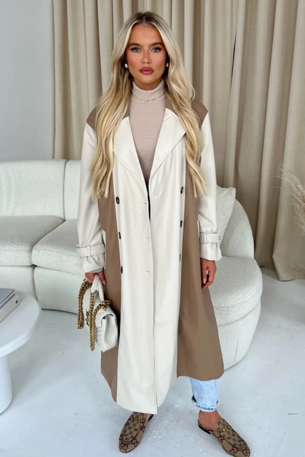 Holly camel and cream contrast leather trench coat