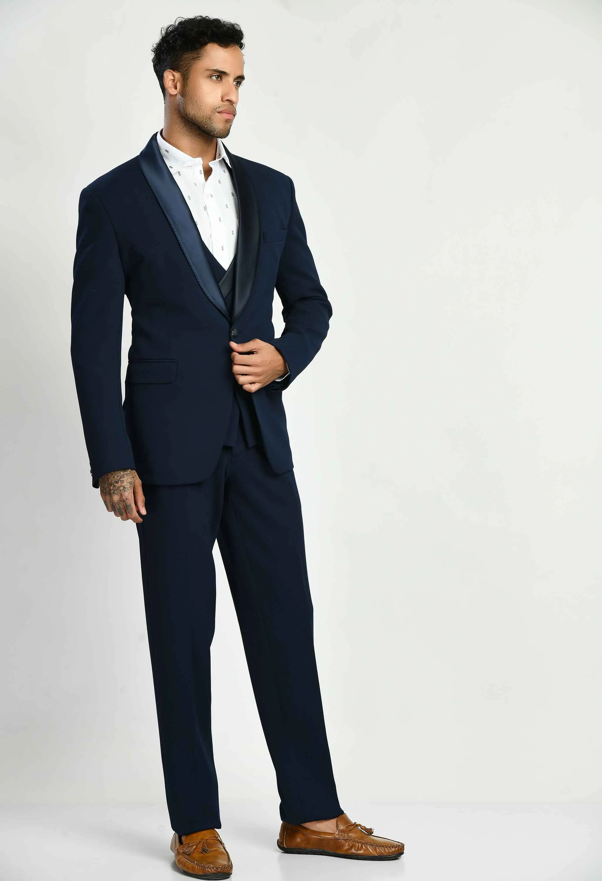 Knitted Navy Blue Self Design Suit