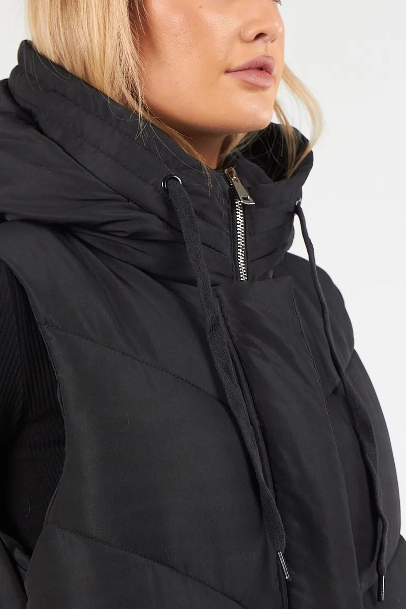 LADIES LONG PADDED HOODED VEST JACKET-BLACK