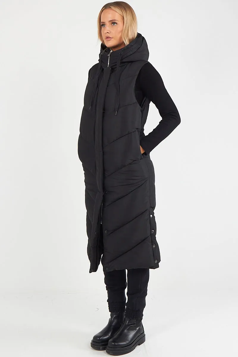 LADIES LONG PADDED HOODED VEST JACKET-BLACK