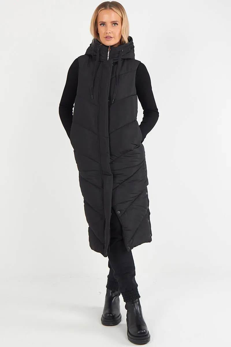 LADIES LONG PADDED HOODED VEST JACKET-BLACK