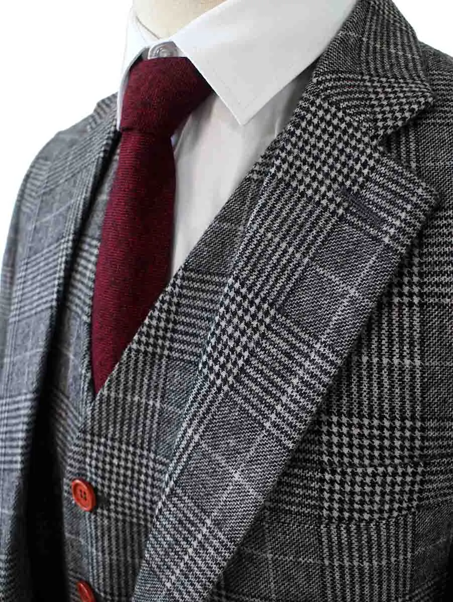 LIGHT GREY HOUNDSTOOTH PLAID TWEED 3 PIECE SUIT