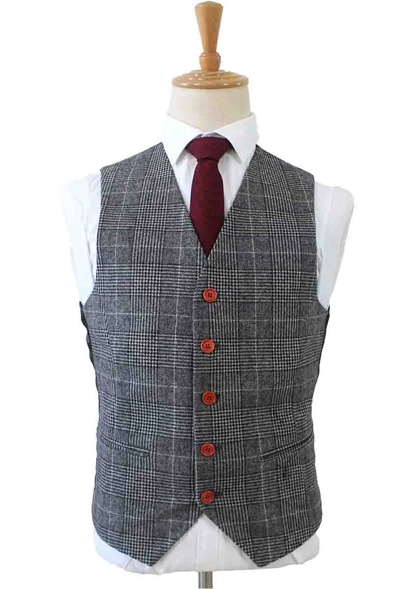 LIGHT GREY HOUNDSTOOTH PLAID TWEED 3 PIECE SUIT