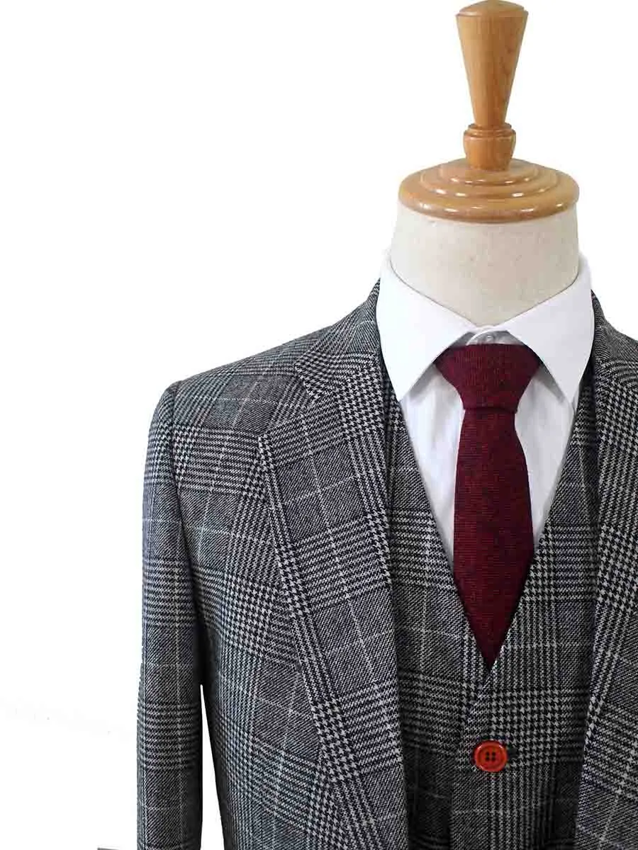 LIGHT GREY HOUNDSTOOTH PLAID TWEED 3 PIECE SUIT