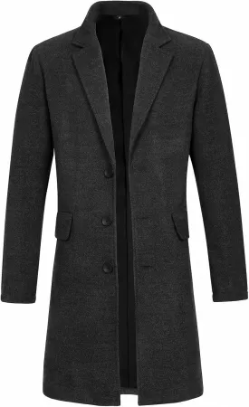 Lisskolo Men's Classic Wool Trench Overcoat - Single Breasted Mid Long Wool Blend Top Pea Coat/ Jacket