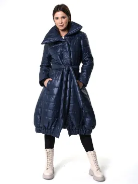 Long Belted Puffer Coat In Blue