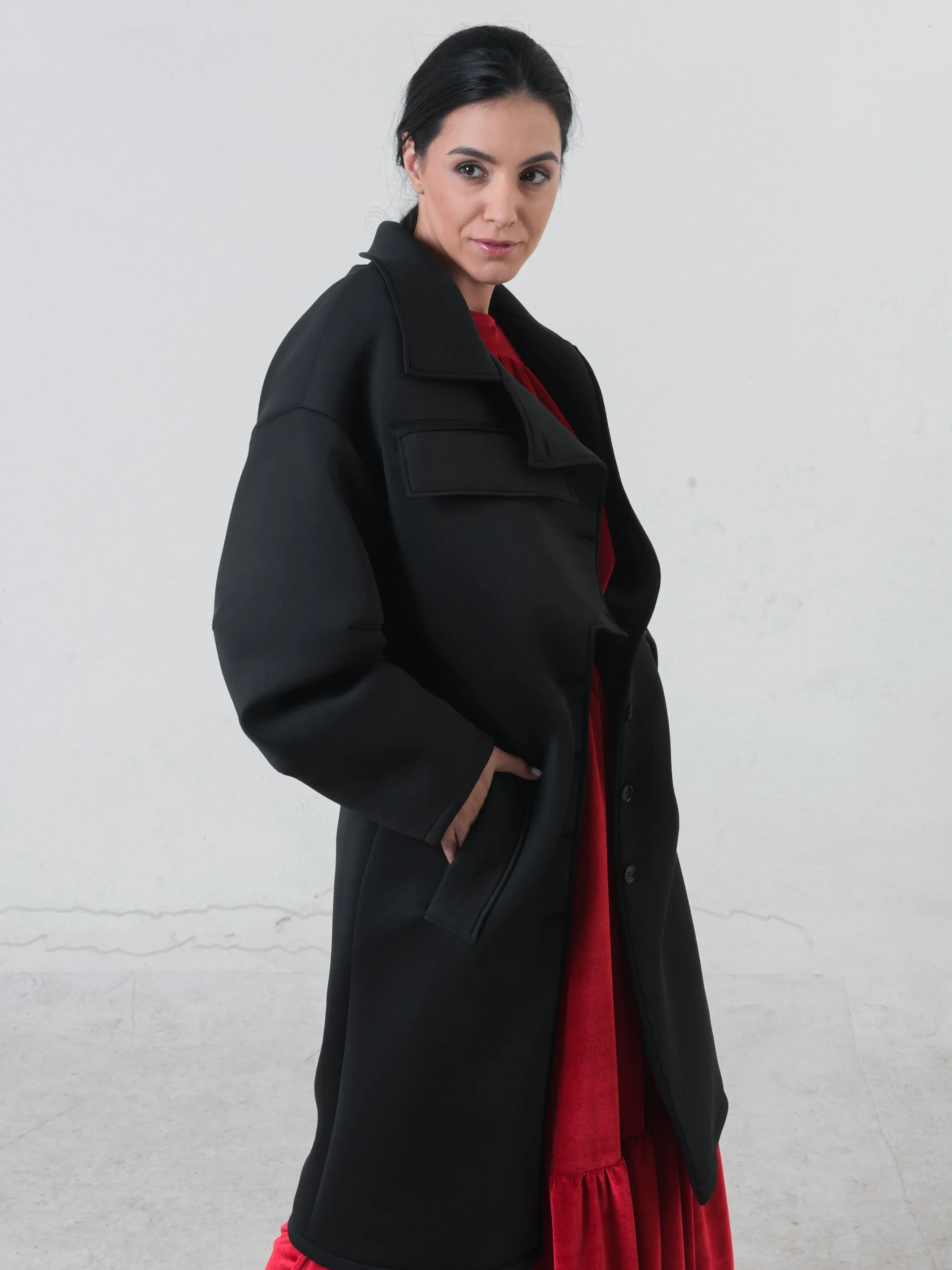 Long Black Neoprene Coat