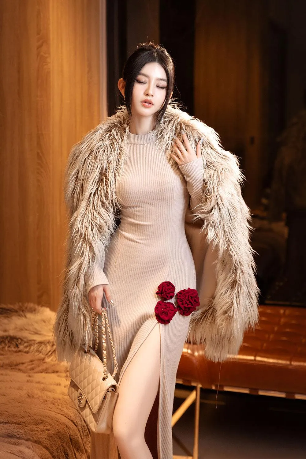 Luix Straight Long Sleeved Faux Fur Coat