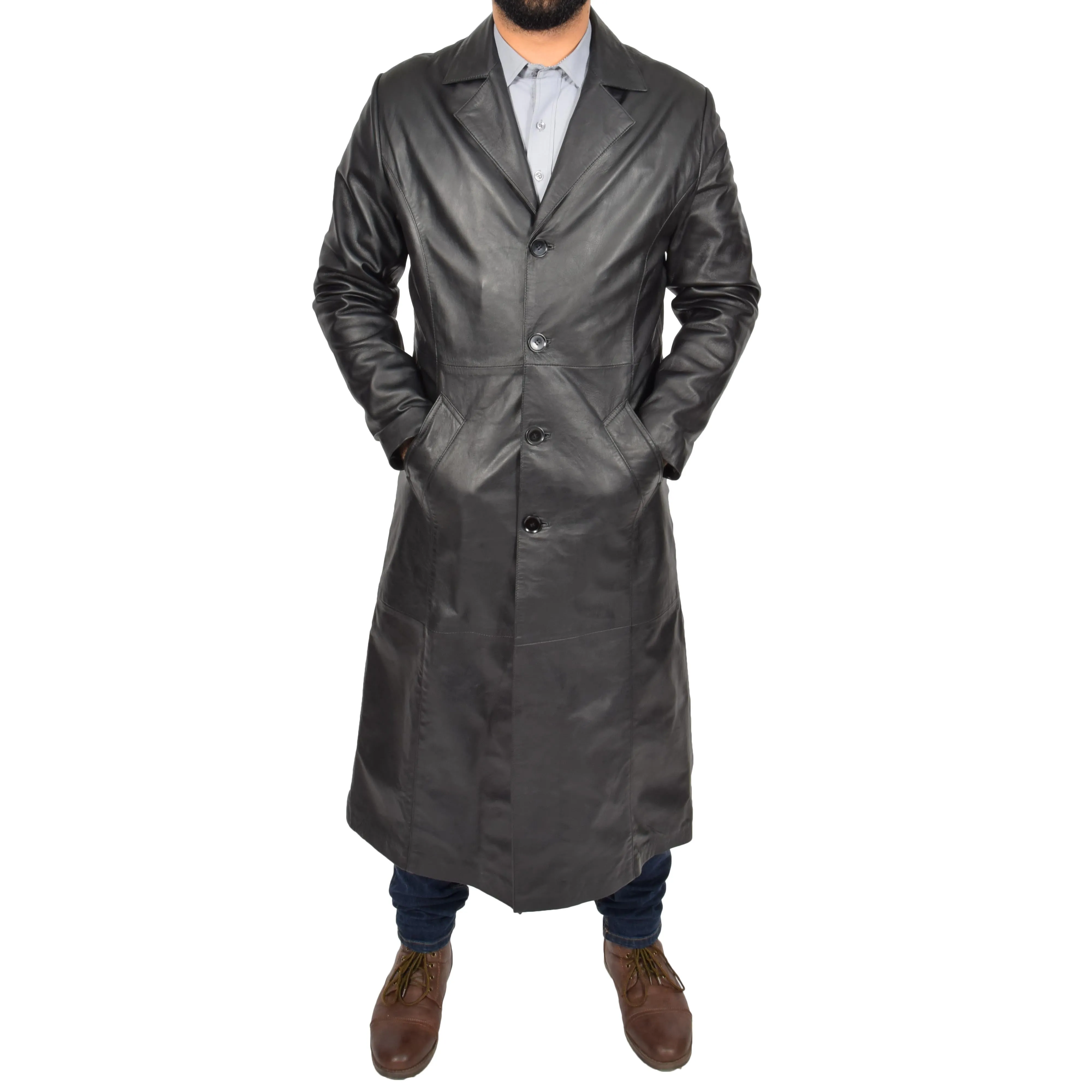 Mens Leather Overcoat Full Length Trench Coat Blade Black