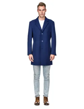 Mens Modern 3 Button Wool Car Coat in Indigo Blue