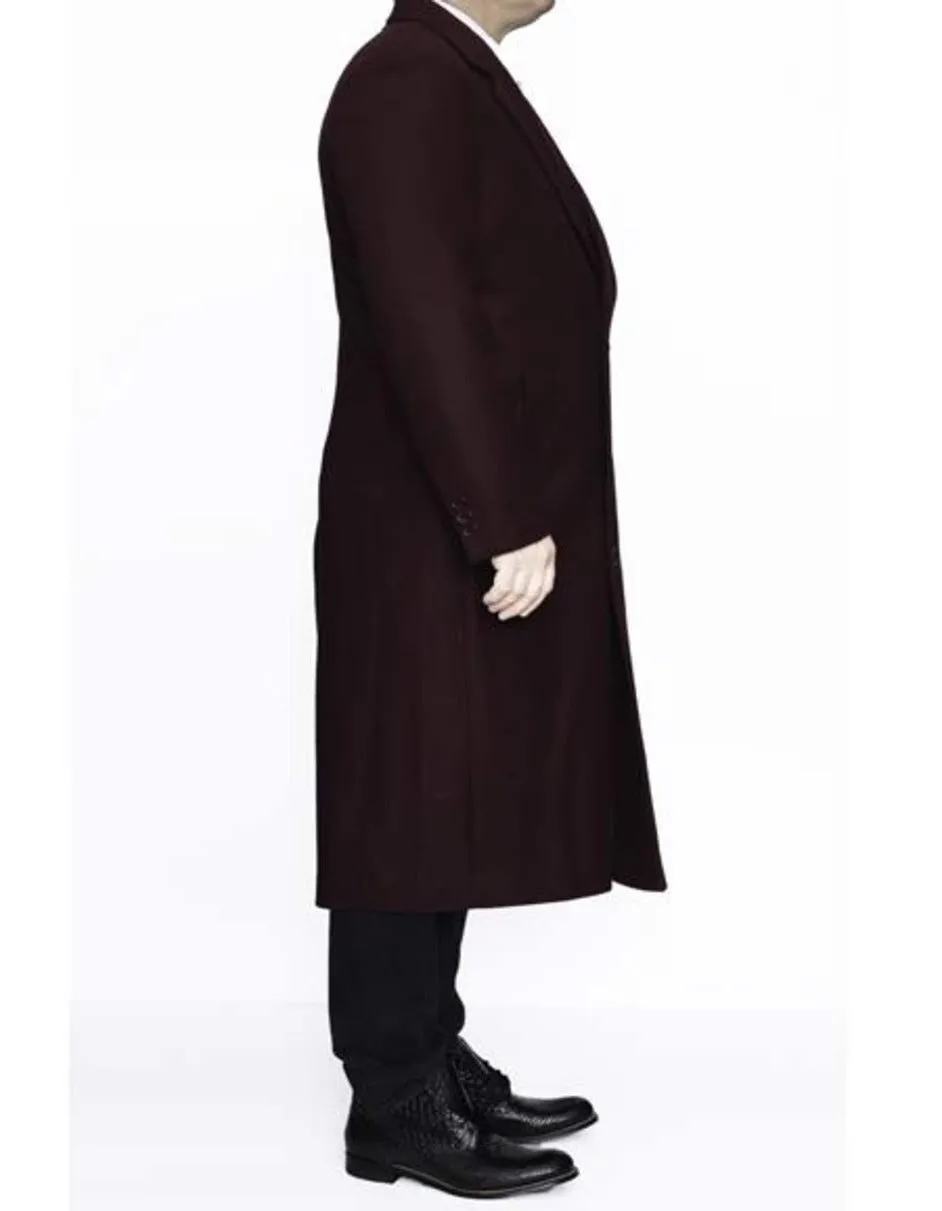 Mens Overcoat - Topcoat For Men - Winter Fabric - 3 Button Ankle length Wool Dress Top Coat/Overcoat In Burgundy