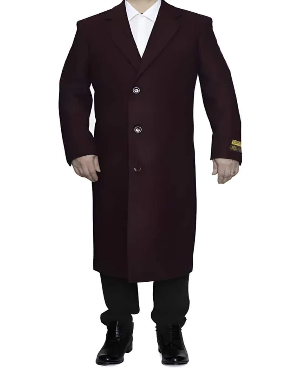 Mens Overcoat - Topcoat For Men - Winter Fabric - 3 Button Ankle length Wool Dress Top Coat/Overcoat In Burgundy