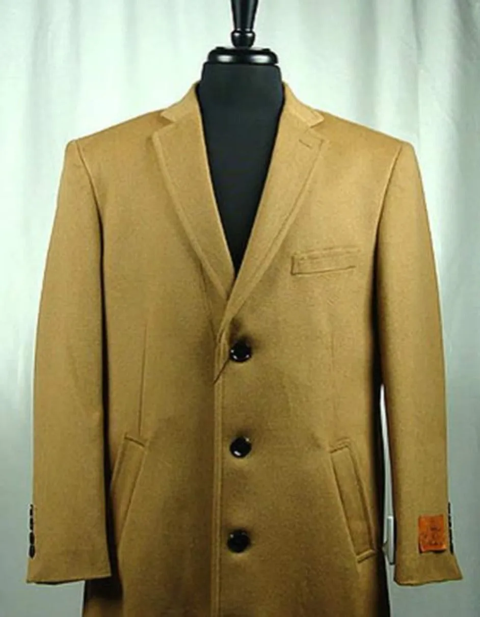 Mens Overcoat - Topcoat For Men - Winter Fabric - 4 Button Wool Blend Camel Bravo Top Overcoat