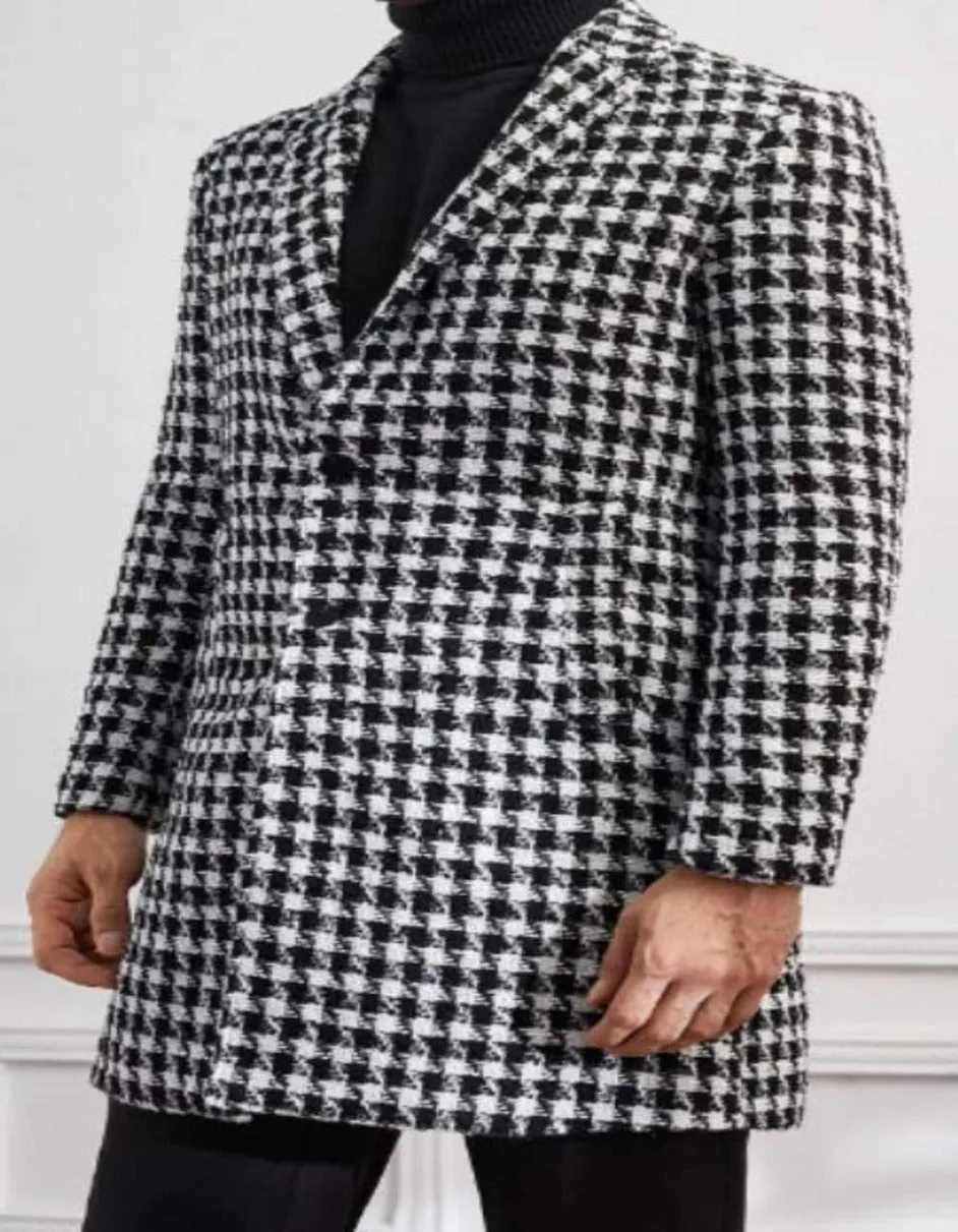 Mens Overcoat - Topcoat For Men - Winter Fabric - Men Houndstooth Lapel Collar Non Stretch Fabric Overcoat