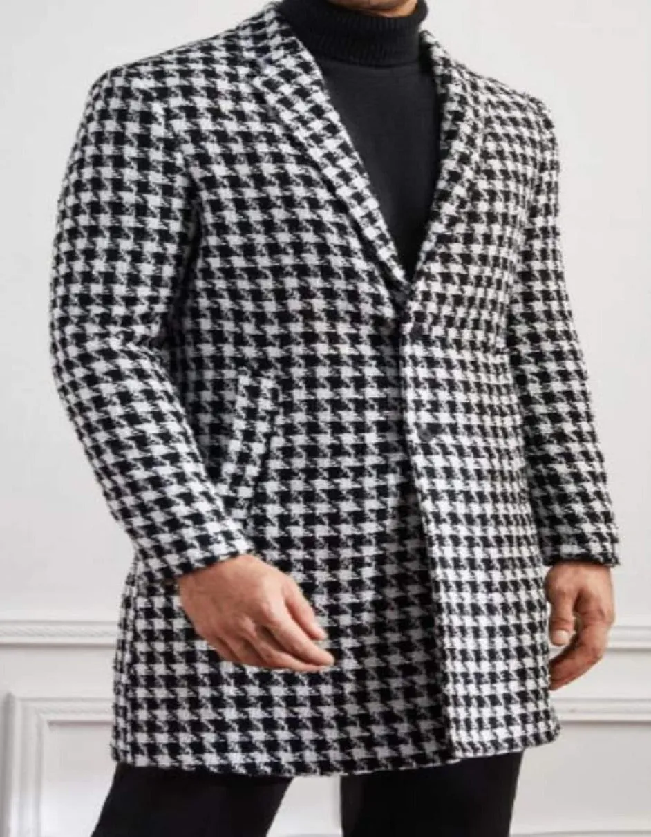 Mens Overcoat - Topcoat For Men - Winter Fabric - Men Houndstooth Lapel Collar Non Stretch Fabric Overcoat