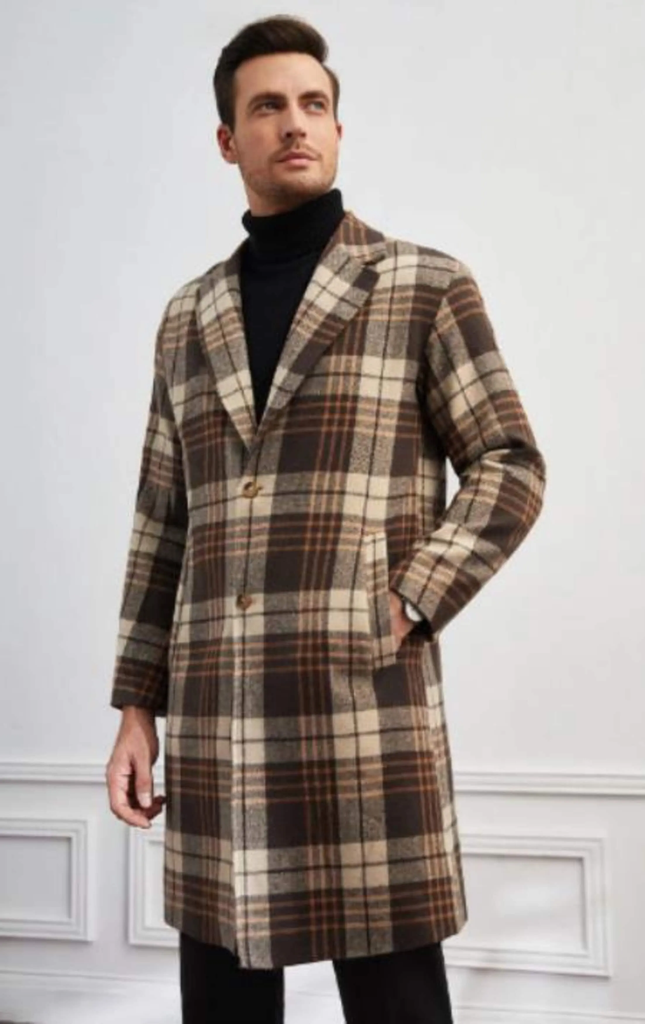 Mens Overcoat - Topcoat For Men - Winter Fabric-Men Plaid Lapel Neck Slant Pockets Overcoat