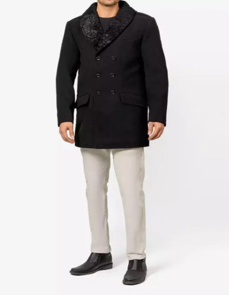 Mens Peacoat With Fur Collar - Black Wool Button Coat