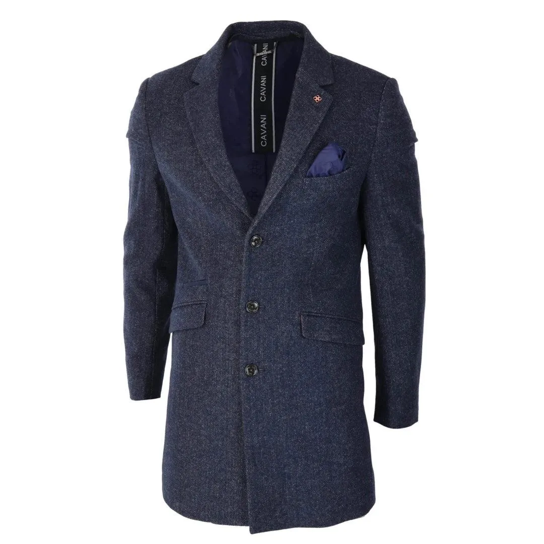 Mens Smart Casual 3/4 Wool Overcoat Jacket Herringbone Tweed 3 Button Coat