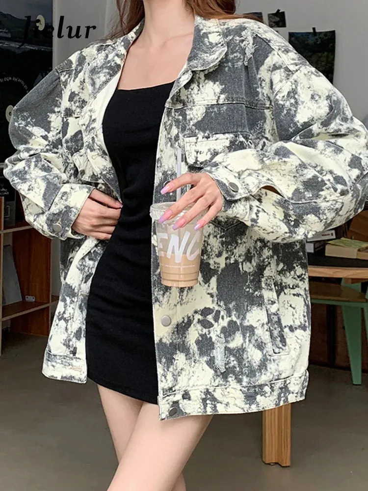 Metaversmall Autumn Tie Dyed Denim Jacket Women Fashion Korean New Fashion Loose Lapel Short Coat Woman High Street Top Female S-XL