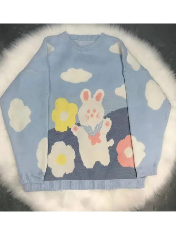 Metaversmall Blue Rabbit Cute Sweaters Women's Jumper Sweet Style Pullover Kawaii Sweater Long Sleeve Loose Knitted Pullovers