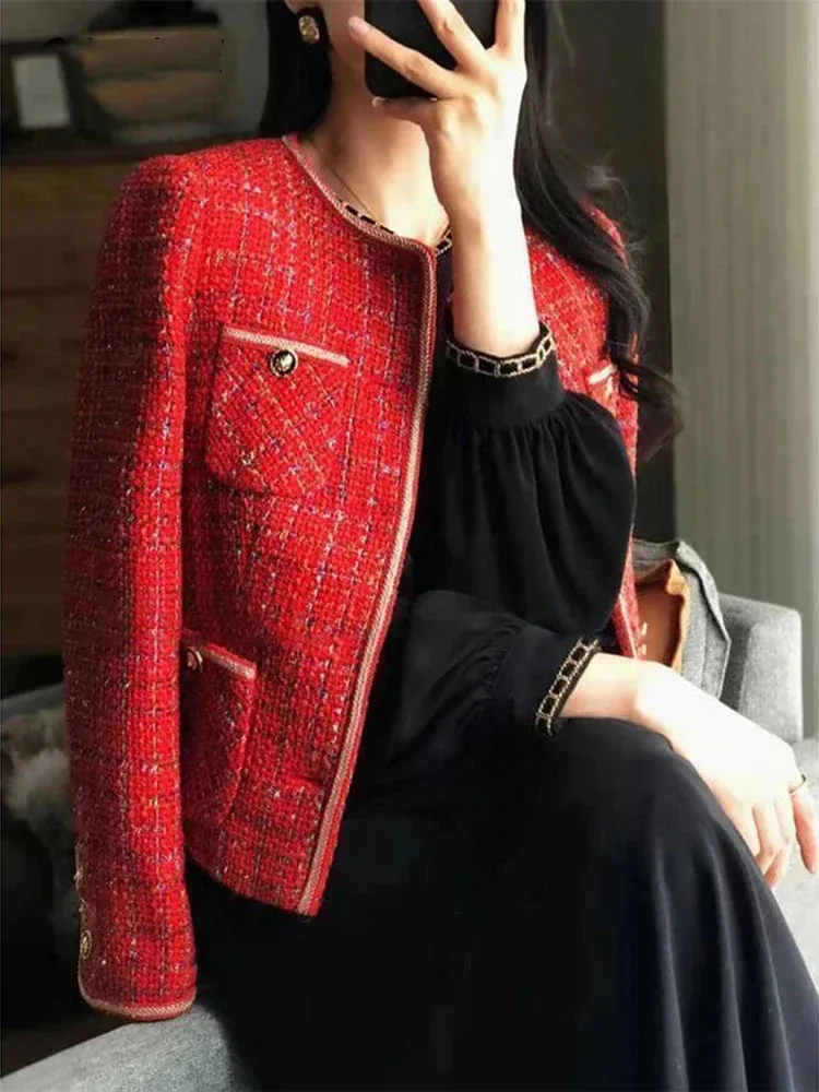 Metaversmall Korean Elegant Women's Coat New Autumn/Winter Sweet Casual Loose O-neck Single Breasted Suit Coat Red Tweed Blazer Women