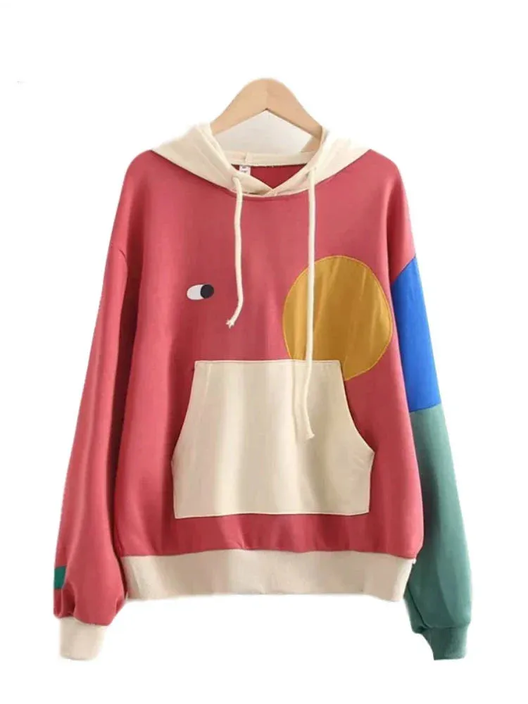 Metaversmall Merry Pretty Women Cartoon Print Patchwork Hoodies Sweatshirts Winter Long Sleeve Pocket Hooded Pullovers Loose Tracksuit