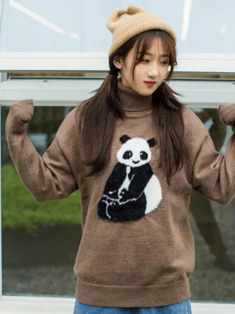 Metaversmall Turtlenek Sweaters For Women Ladies Cartoon Panda Embroidery Cute Knitted Pulover Winter Teenagr Girl Long Sleeve Warm Tops