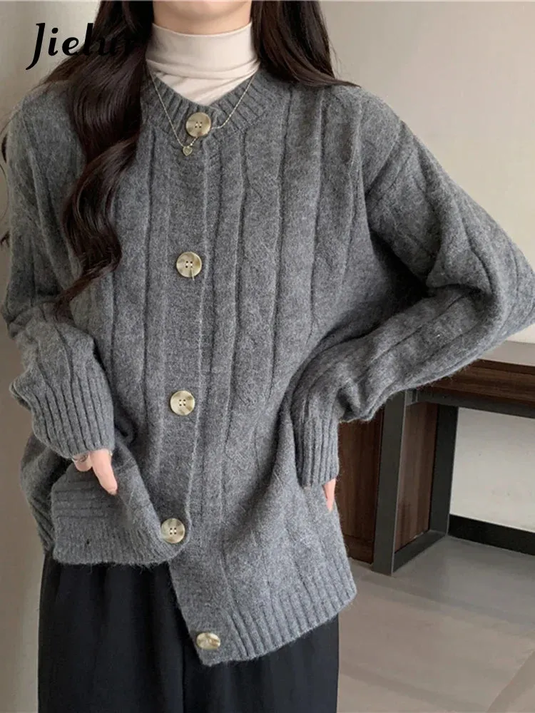 Metaversmall Vintage Knitwear Women's Sweaters Autumn Winter Japanese Style Loose Long Sleeve Thickened Gray Cardigan Sweater Coat